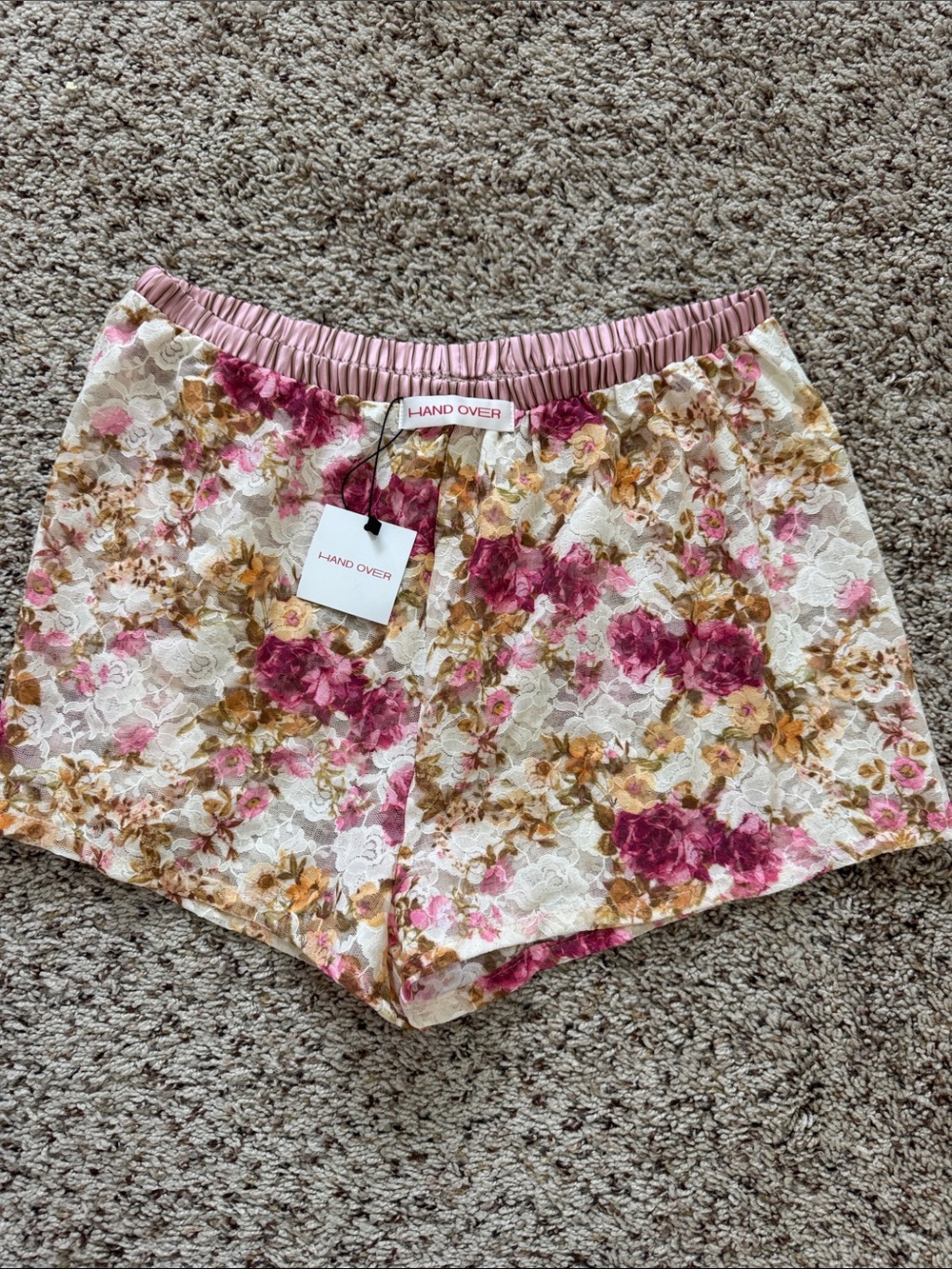 Hand Over Women's Floral Lace Shorts in Pink and Cream